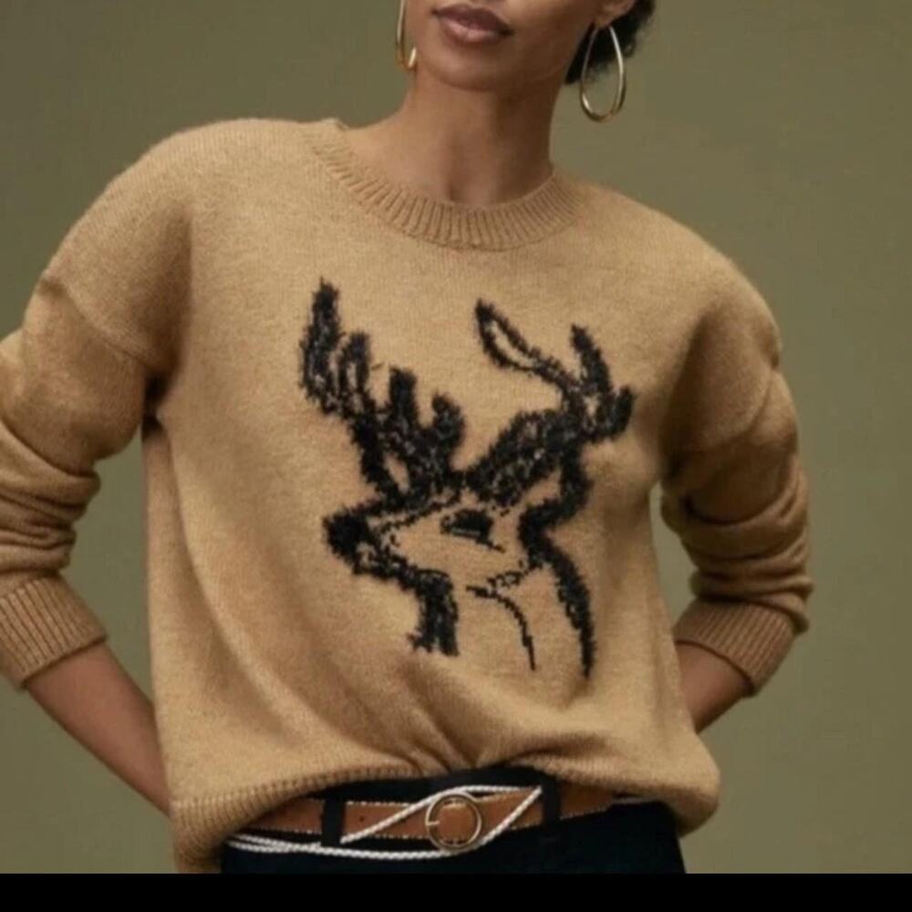 by Anthropologie Deer Graphic Crewneck Pullover Sweater Tan Size Small